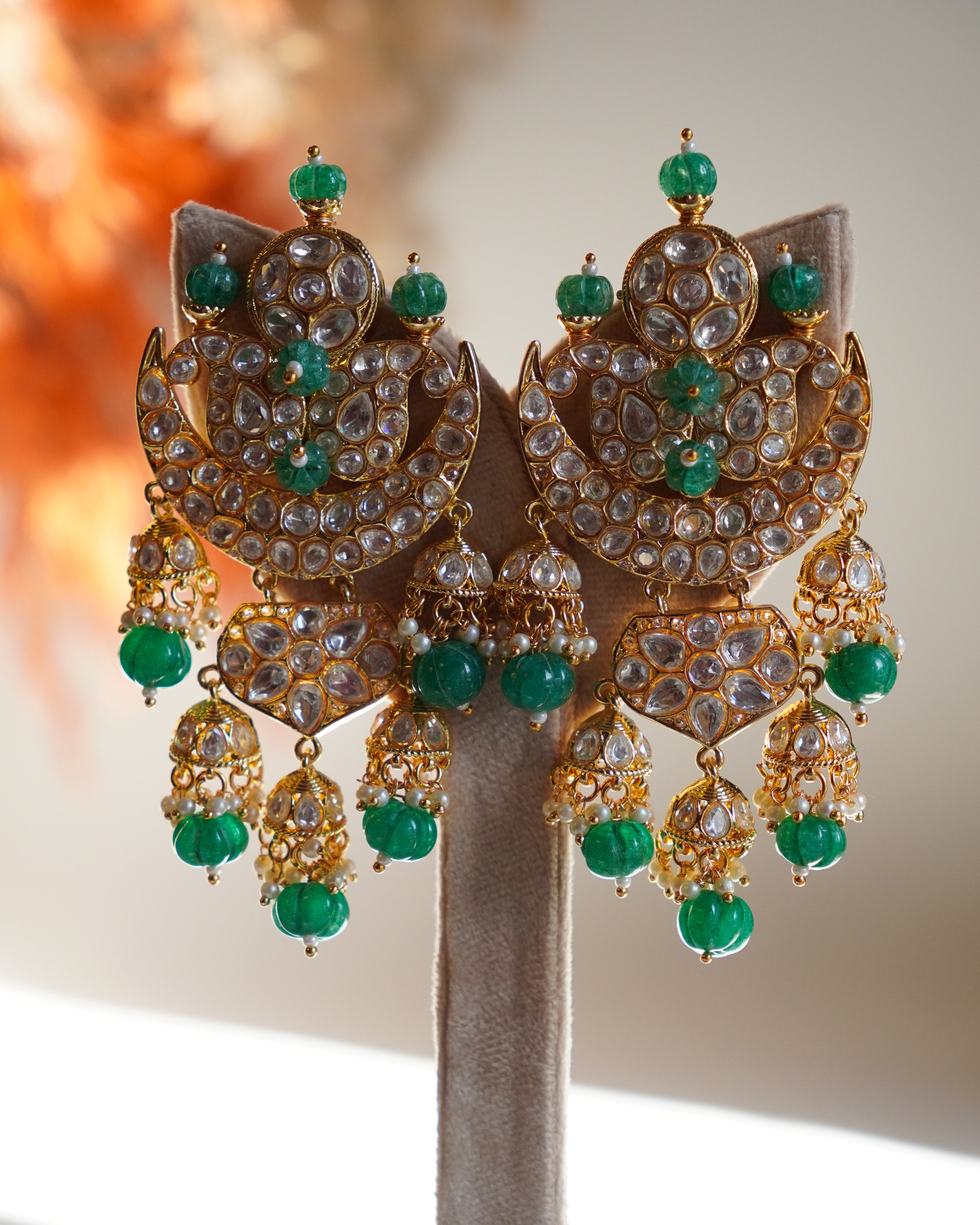 ROOP- Crescent Moon Gold & Emerald Chandbali Earrings
