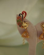 ORO-Premium 1 Gram Gold Plated Meenakari Peacock Kaan Phool Earrings | Micro Plated Enamel Ear Cuffs with Hanging Jhumkas