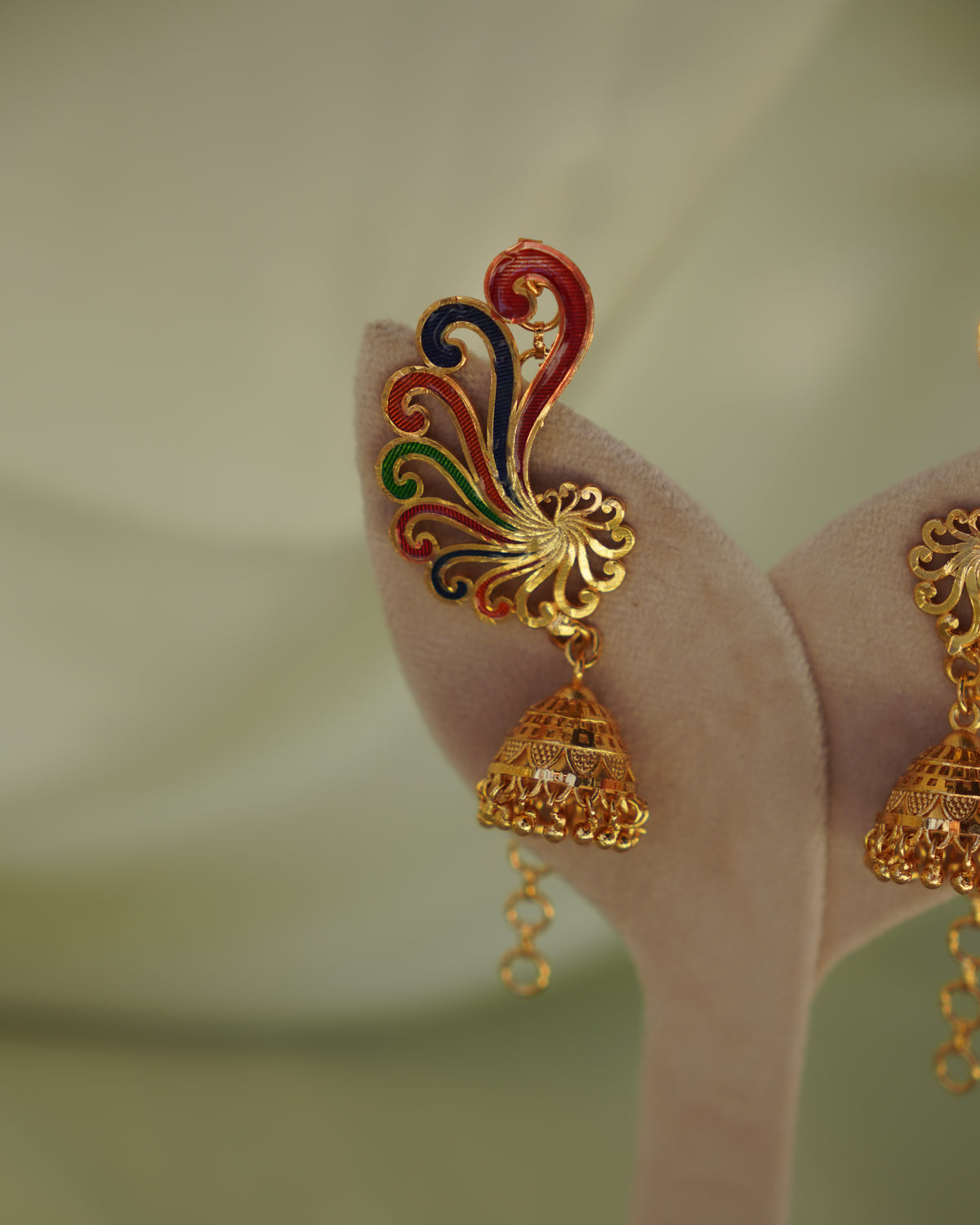 ORO-Premium 1 Gram Gold Plated Meenakari Peacock Kaan Phool Earrings | Micro Plated Enamel Ear Cuffs with Hanging Jhumkas