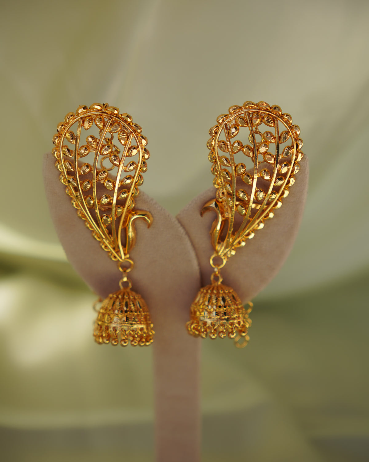 ORO - Peacock Kaan Phool Earrings | Micro Plated Filigree Ear Cuffs with Hanging Jhumkas
