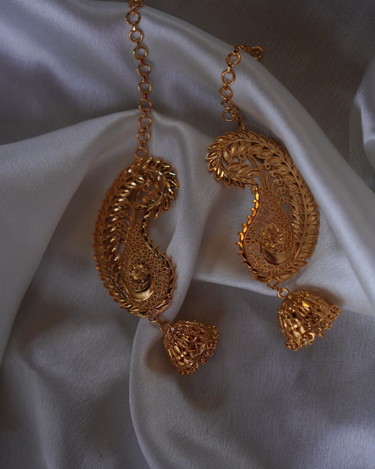 ORO-  Traditional Paisley Ear Cuffs with Jhumka | Premium Micro Plated Mango Kaan Chain Earrings