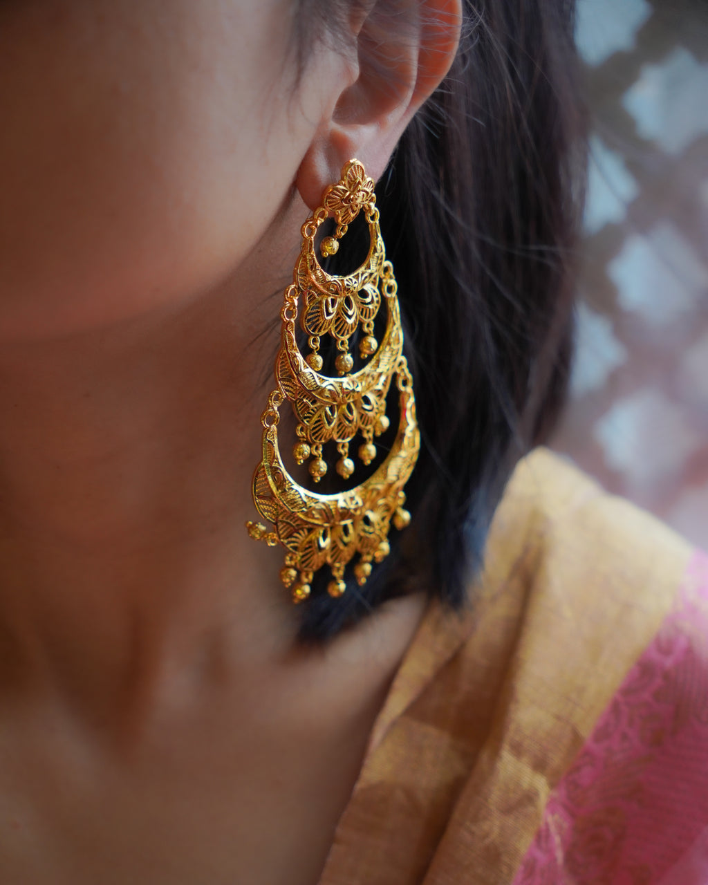 ORO- Three Tier Chandbali Earrings | Micro Plated Intricate Multi Layer Jhumka Dangles