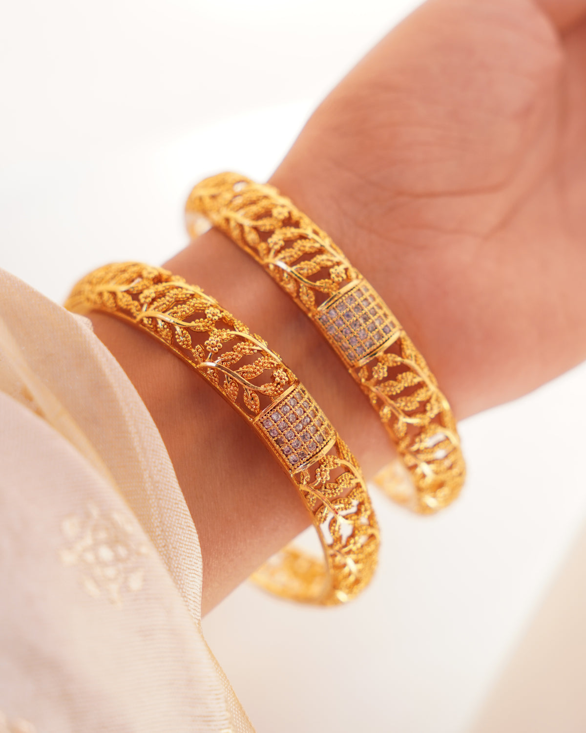 ZORA - Premium 1 Gram Gold Plated Leaf Filigree Bangles | Micro Plated American Diamond Set of 2