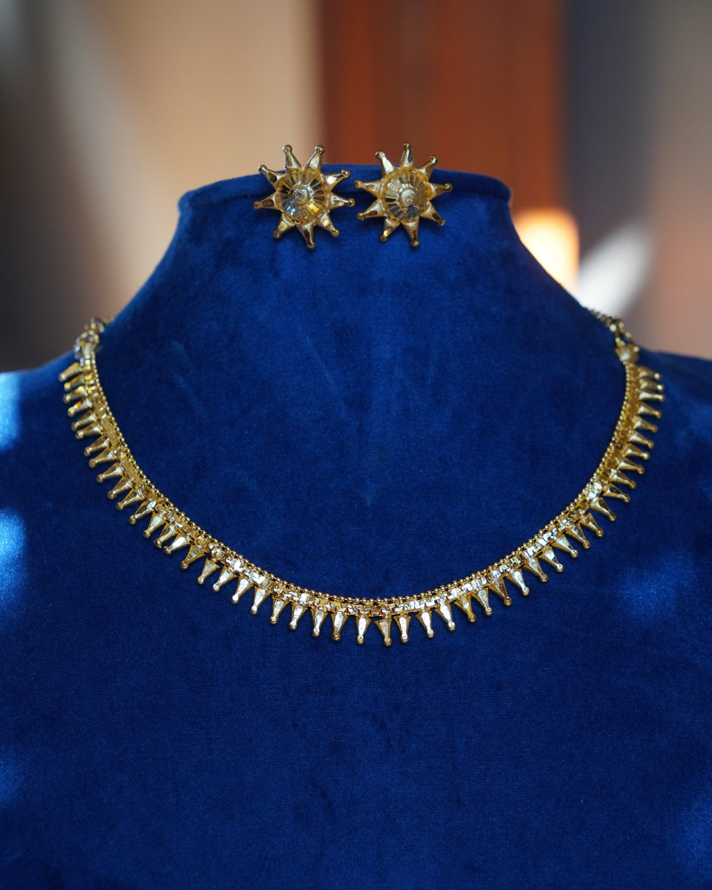 ORO-Gold Plated Geometric Spike Necklace Set | Micro Plated Traditional Necklace with Matching Sunburst Studs