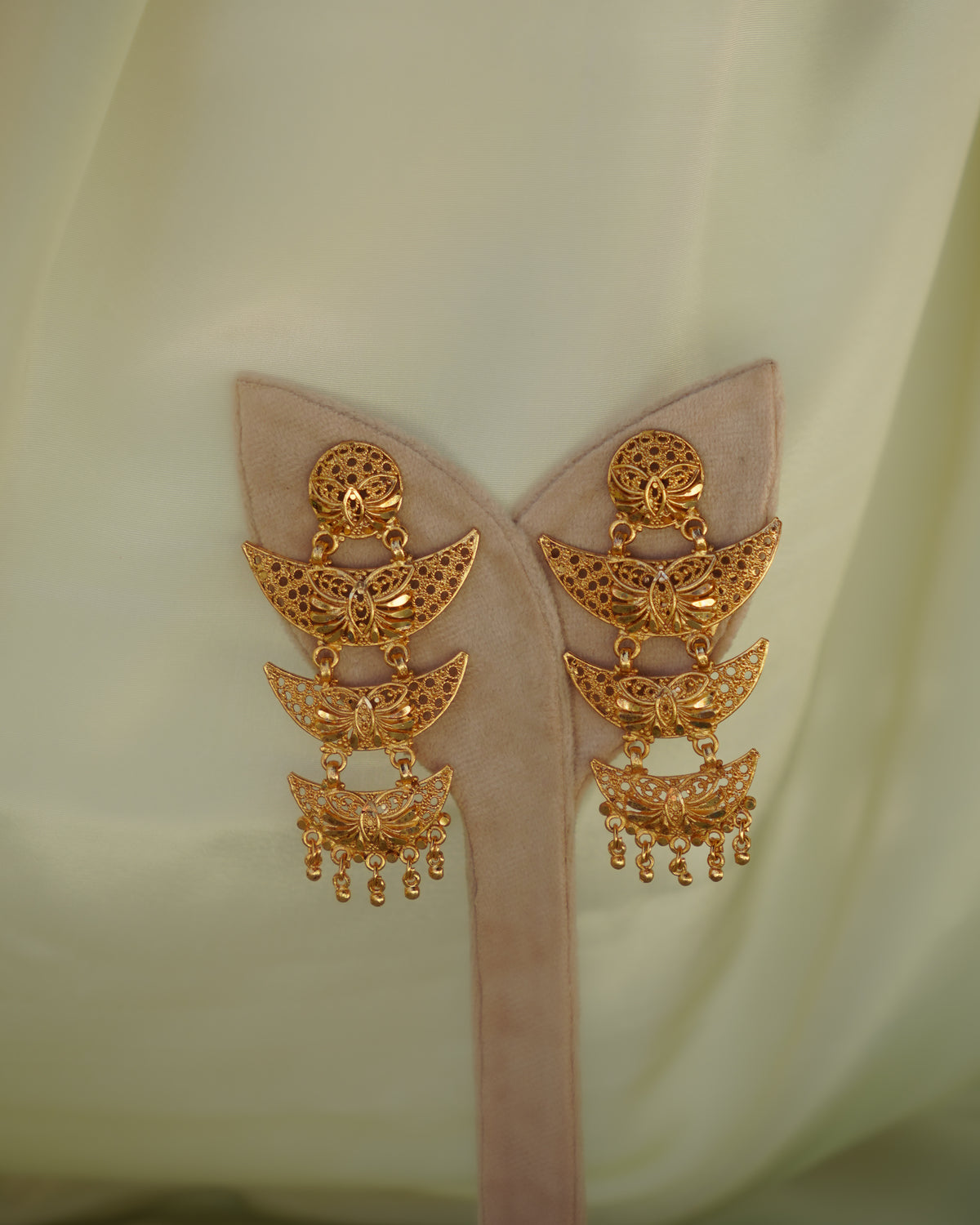 ORO- Royal Three Tier Heritage Dangle – 1gm Gold Plated Dramatic Crescent Mesh Statement Chandbali Earrings