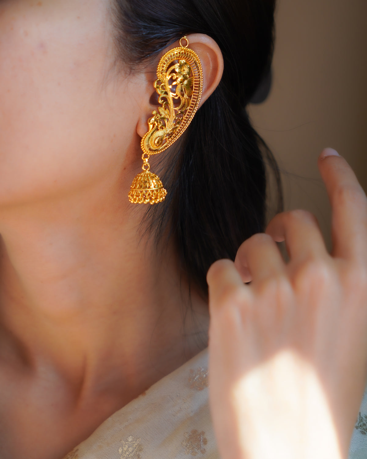 ORO - Premium 1 Gram Gold Plated Royal Peacock Kaan Phool Earrings | Micro Plated Floral Ear Cuffs with Hanging Jhumkas