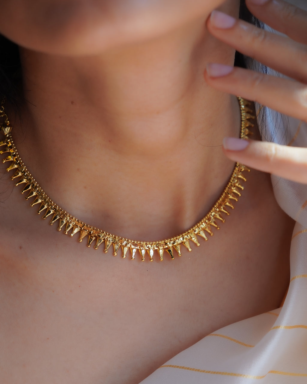 ORO-Gold Plated Geometric Spike Necklace Set | Micro Plated Traditional Necklace with Matching Sunburst Studs