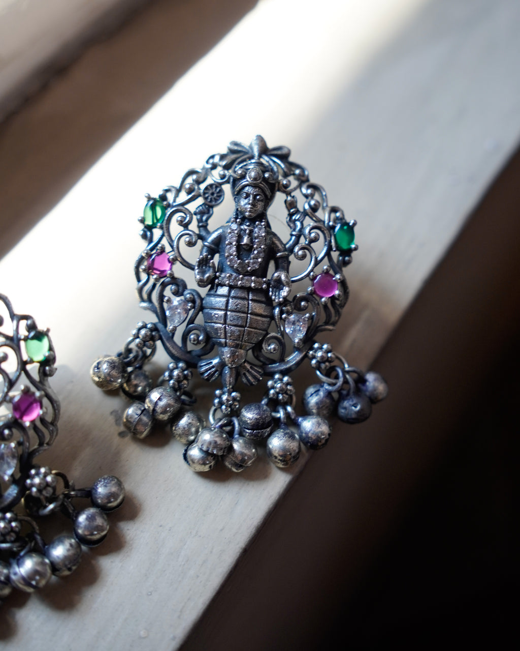 Anassa- Oxidised Temple Jewellery Necklace Set with Earrings – Antique Silver Finish Brass, Goddess Pendant Statement