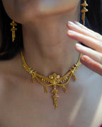 ORO- Matte Finish Floral Tassel Gold Plated Necklace & Earrings Set