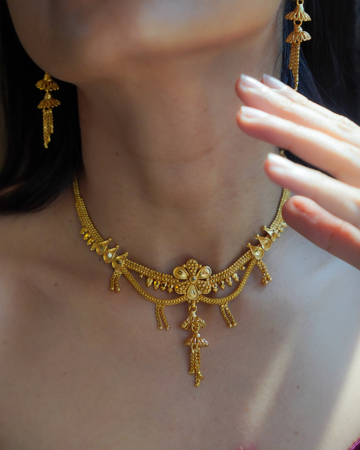 ORO- Matte Finish Floral Tassel Gold Plated Necklace & Earrings Set