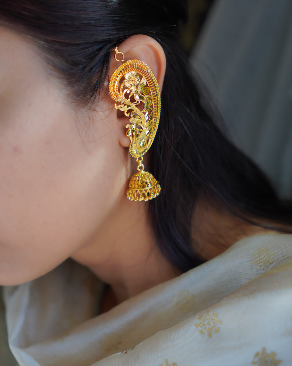 ORO - Premium 1 Gram Gold Plated Royal Peacock Kaan Phool Earrings | Micro Plated Floral Ear Cuffs with Hanging Jhumkas