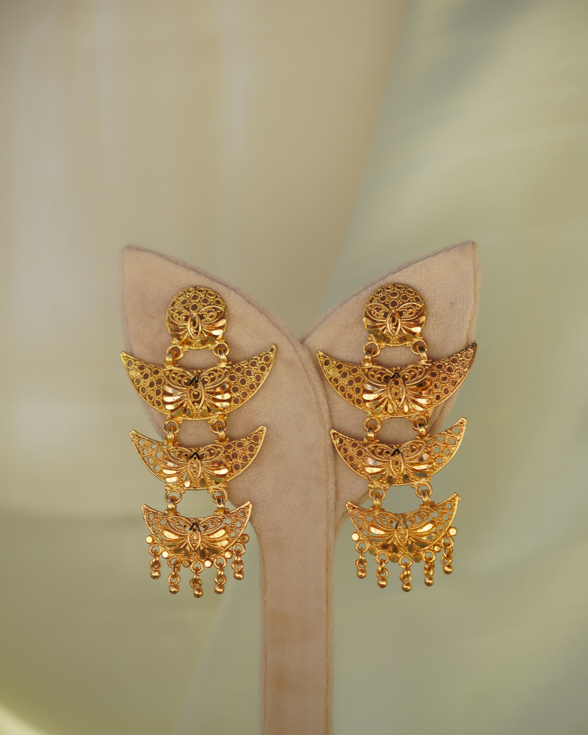 ORO- Royal Three Tier Heritage Dangle – 1gm Gold Plated Dramatic Crescent Mesh Statement Chandbali Earrings