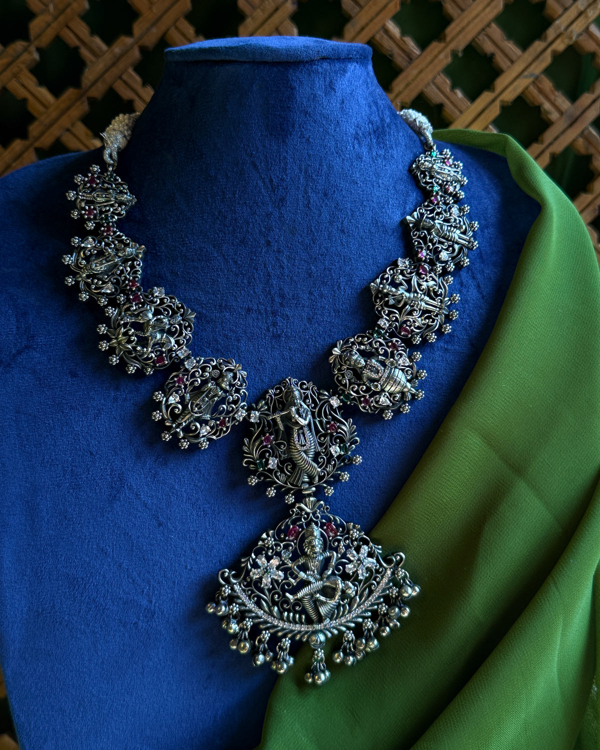 Anassa- Oxidised Temple Jewellery Necklace Set with Earrings – Antique Silver Finish Brass, Goddess Pendant Statement