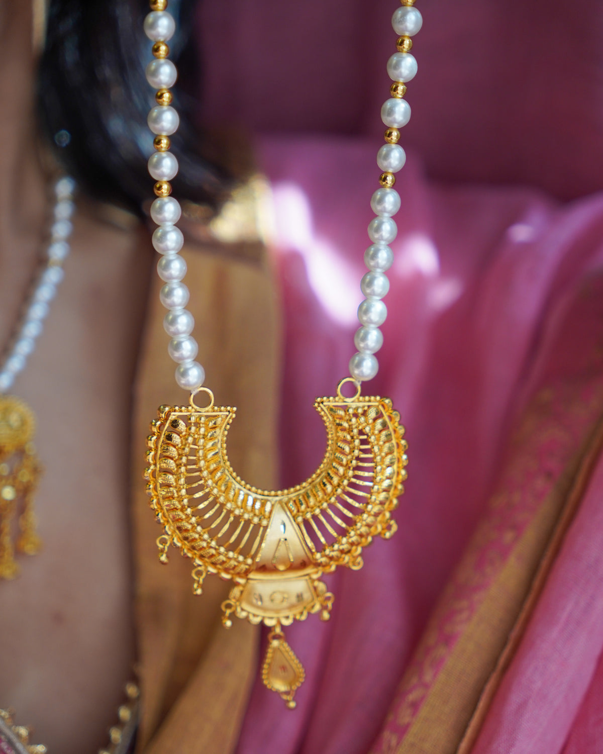 ORO- Royal Sunburst & Pearl Long Mala Set – 1gm Gold Plated Traditional Crescent Festive Necklace