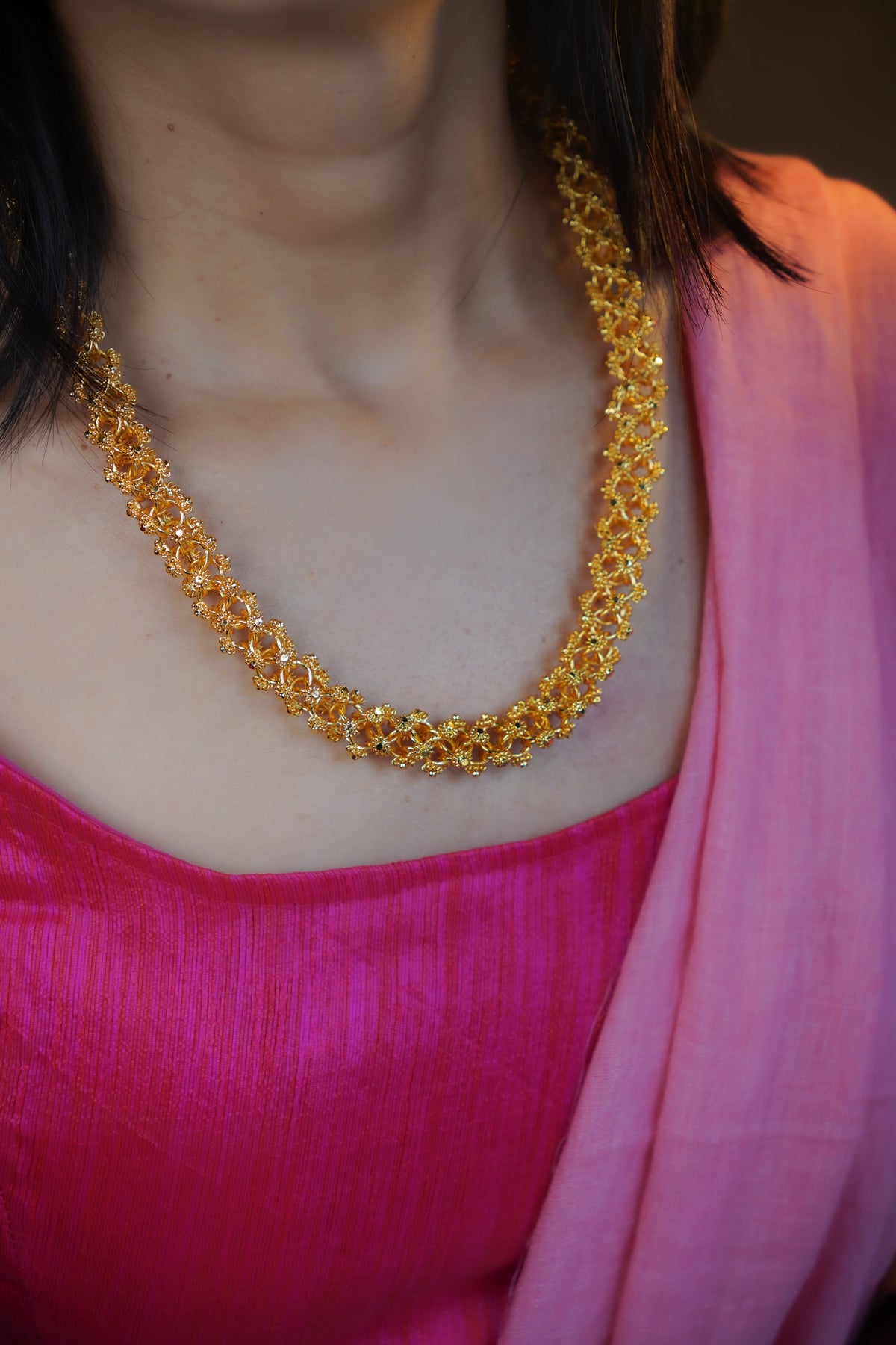ORO- Premium 1 Gram Gold Plated Lace Mesh Mala Necklace | Micro Plated Traditional Criss Cross Filigree Haram Long Chain