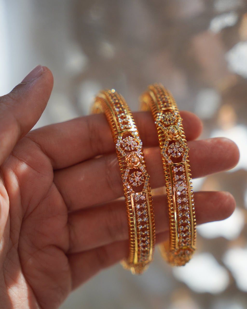 ZORA -  Premium 1 Gram Gold Plated American Diamond Kada Bangles | Micro Plated Stone Encrusted Traditional Bracelets Set of 2