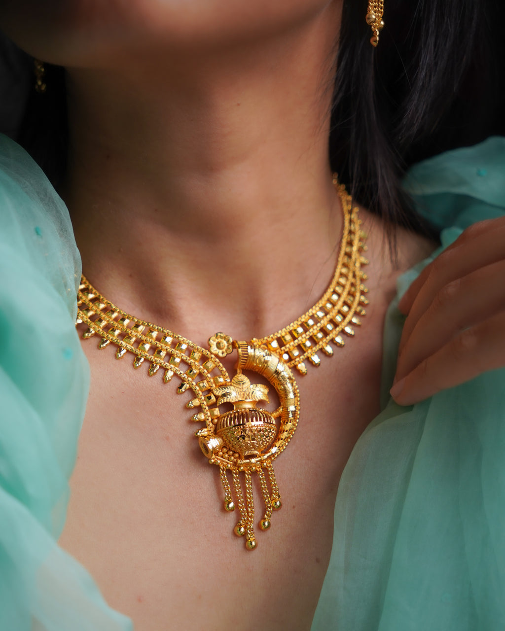 ORO- Traditional 1 Gram Gold Purnakumbha Necklace Set with Matching Drop Earrings | Premium Micro Plated Temple Jewellery