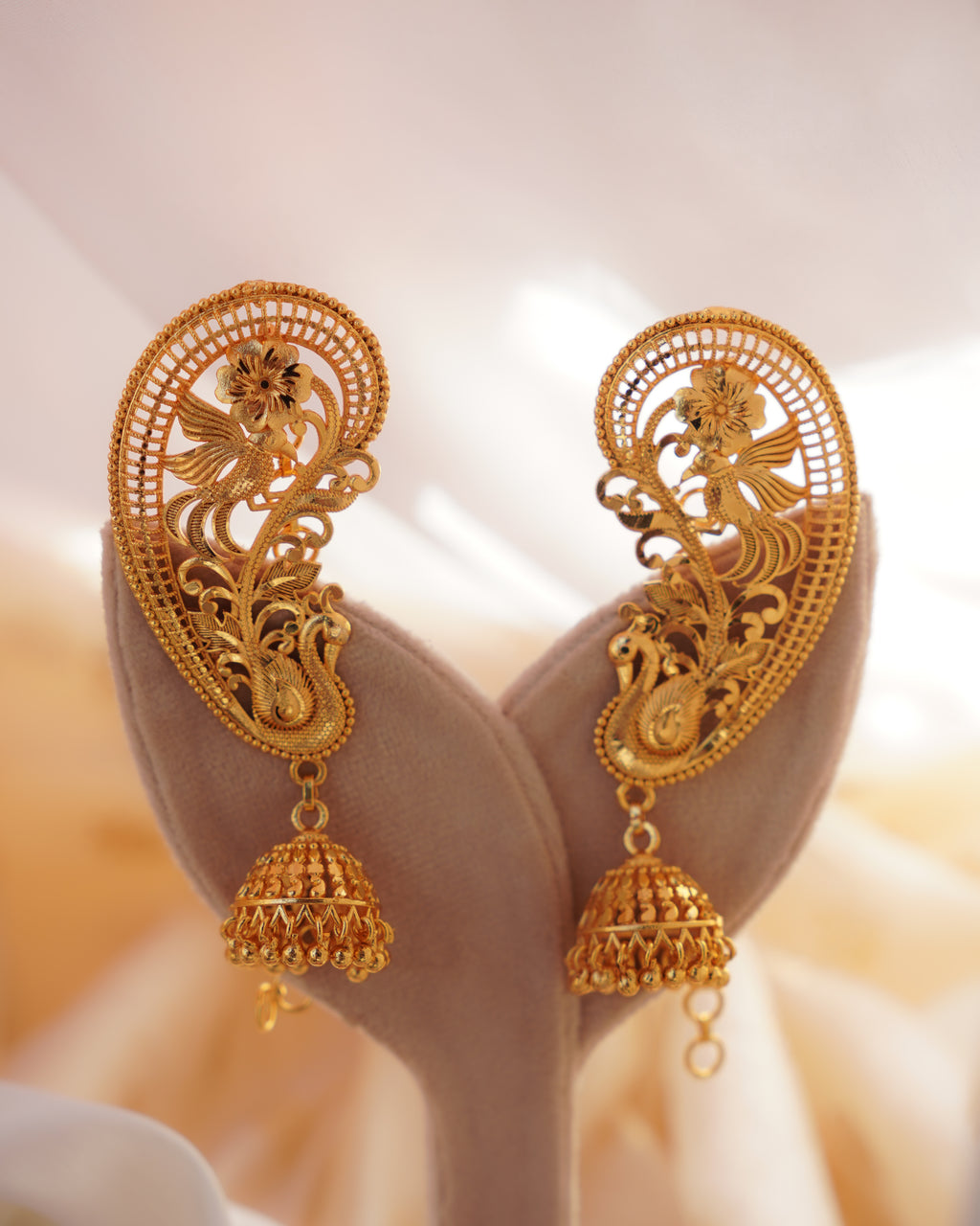 ORO - Premium 1 Gram Gold Plated Royal Peacock Kaan Phool Earrings | Micro Plated Floral Ear Cuffs with Hanging Jhumkas