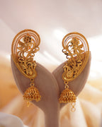 ORO - Premium 1 Gram Gold Plated Royal Peacock Kaan Phool Earrings | Micro Plated Floral Ear Cuffs with Hanging Jhumkas