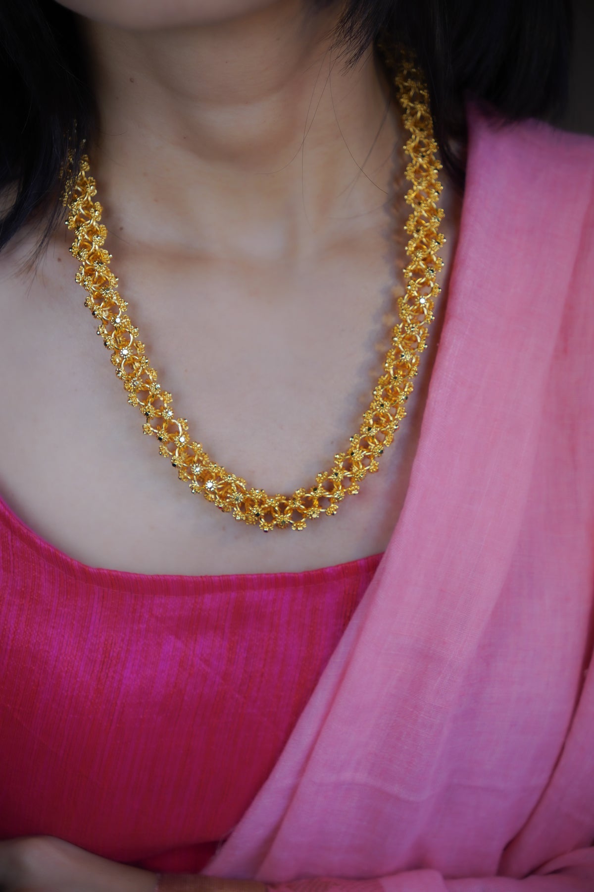 ORO- Premium 1 Gram Gold Plated Lace Mesh Mala Necklace | Micro Plated Traditional Criss Cross Filigree Haram Long Chain