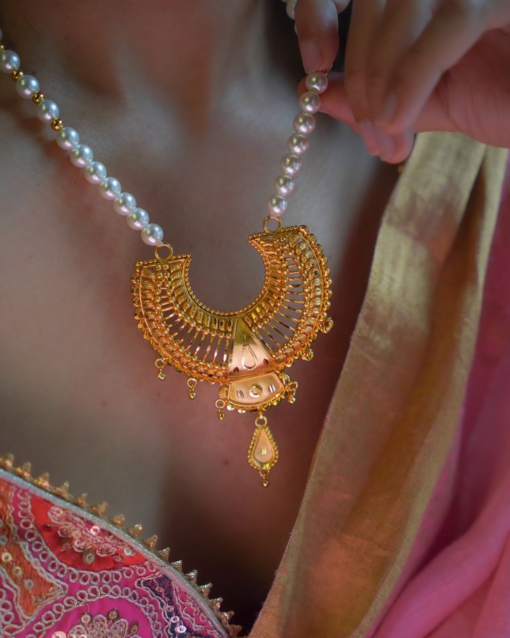 ORO- Royal Sunburst & Pearl Long Mala Set – 1gm Gold Plated Traditional Crescent Festive Necklace