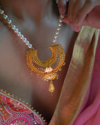 ORO- Royal Sunburst & Pearl Long Mala Set – 1gm Gold Plated Traditional Crescent Festive Necklace