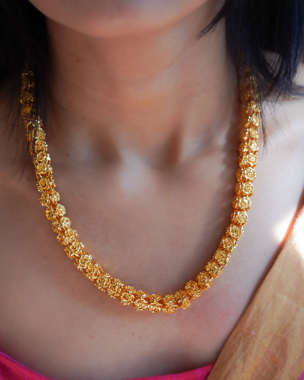 ORO - 1 Gram Gold Plated Rose Buds Mala Necklace | Micro Plated Traditional Hollow Floral Link Haram Long Chain