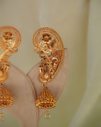 ORO - Premium 1 Gram Gold Plated Royal Peacock Kaan Phool Earrings | Micro Plated Floral Ear Cuffs with Hanging Jhumkas
