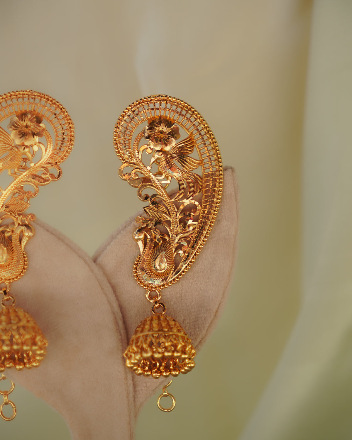 ORO - Premium 1 Gram Gold Plated Royal Peacock Kaan Phool Earrings | Micro Plated Floral Ear Cuffs with Hanging Jhumkas