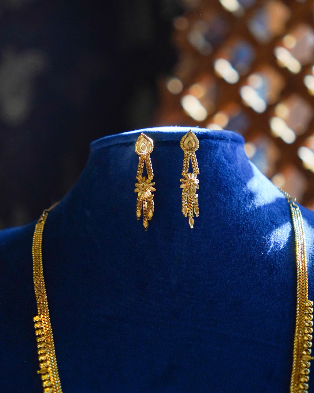 ORO-  Premium 1 Gram Gold Plated Traditional Long Haram Set | Micro Plated Sleek Rani Haar with Central Floral Pendant and Matching Earrings