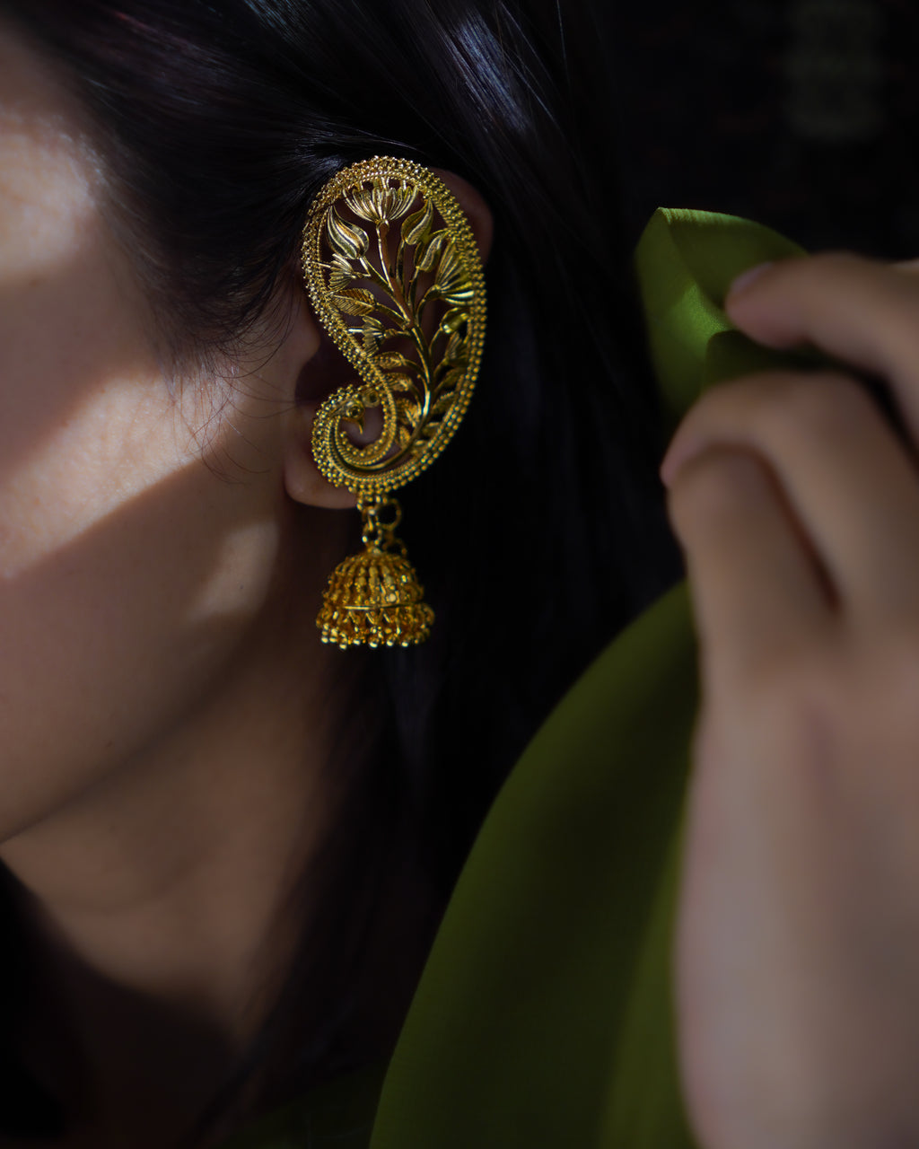ORO-Gold Plated Paisley Peacock Kaan Phool Earrings | Micro Plated Botanical Ear Cuffs with Hanging Jhumkas