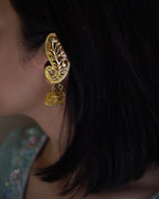 ORO-Gold Plated Paisley Peacock Kaan Phool Earrings | Micro Plated Botanical Ear Cuffs with Hanging Jhumkas