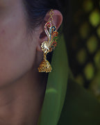 ORO-Premium 1 Gram Gold Plated Meenakari Peacock Kaan Phool Earrings | Micro Plated Enamel Ear Cuffs with Hanging Jhumkas