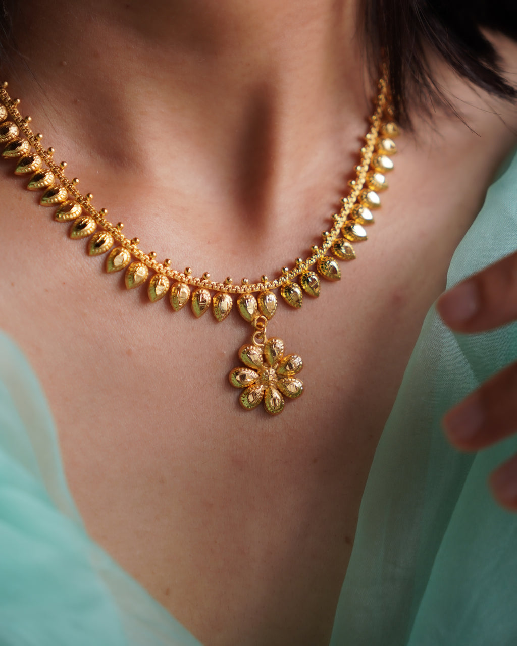 ORO- Gold Plated Jasmine Bud Necklace Set | Premium Micro Plated Floral Pendant and Studs Set