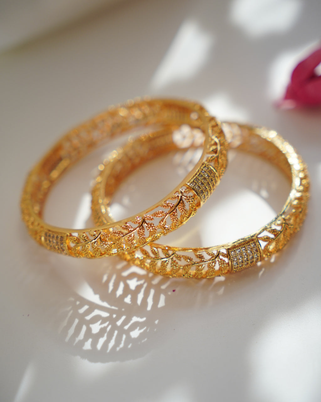 ZORA - Premium 1 Gram Gold Plated Leaf Filigree Bangles | Micro Plated American Diamond Set of 2