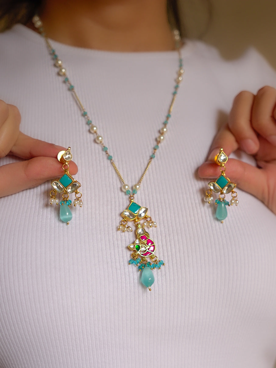 ZIKHIN-Long Multi Colour Jadau Kundan Necklace Set