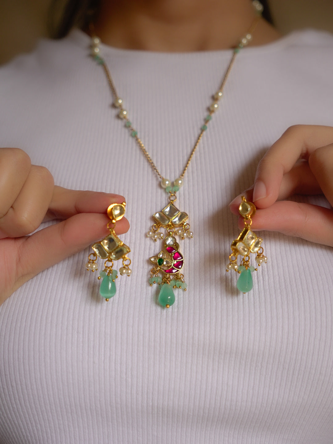 ZIKHIN-Long Multi Colour Jadau Kundan Necklace Set