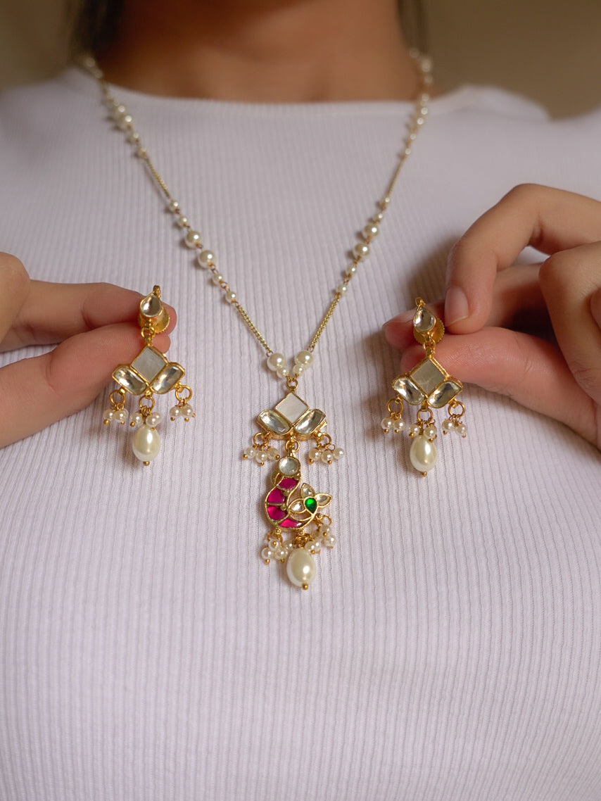 ZIKHIN-Long Multi Colour Jadau Kundan Necklace Set