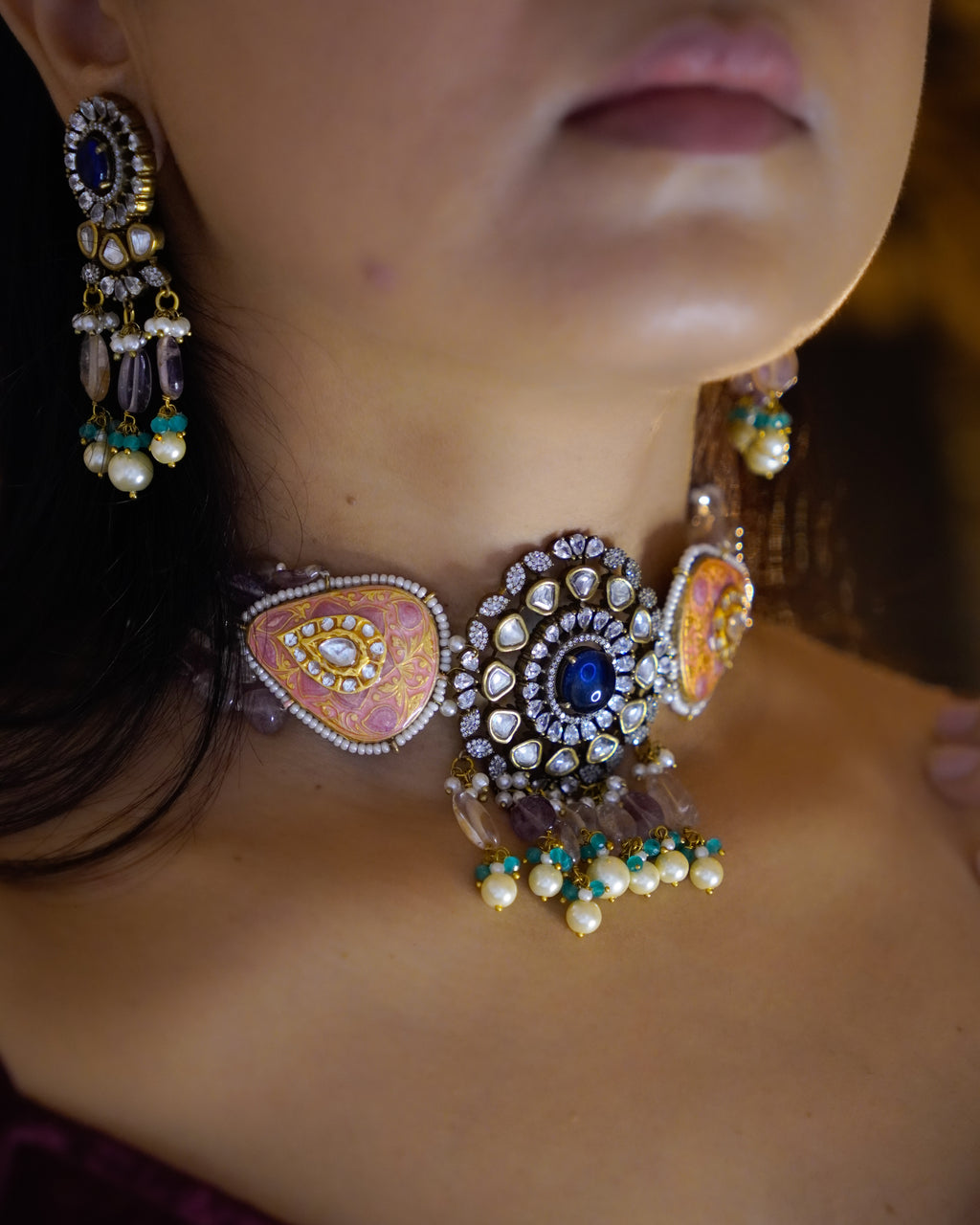 ZIKHIN- Radiant Elegance Kundan Choker Set with Stunning Red Quartz