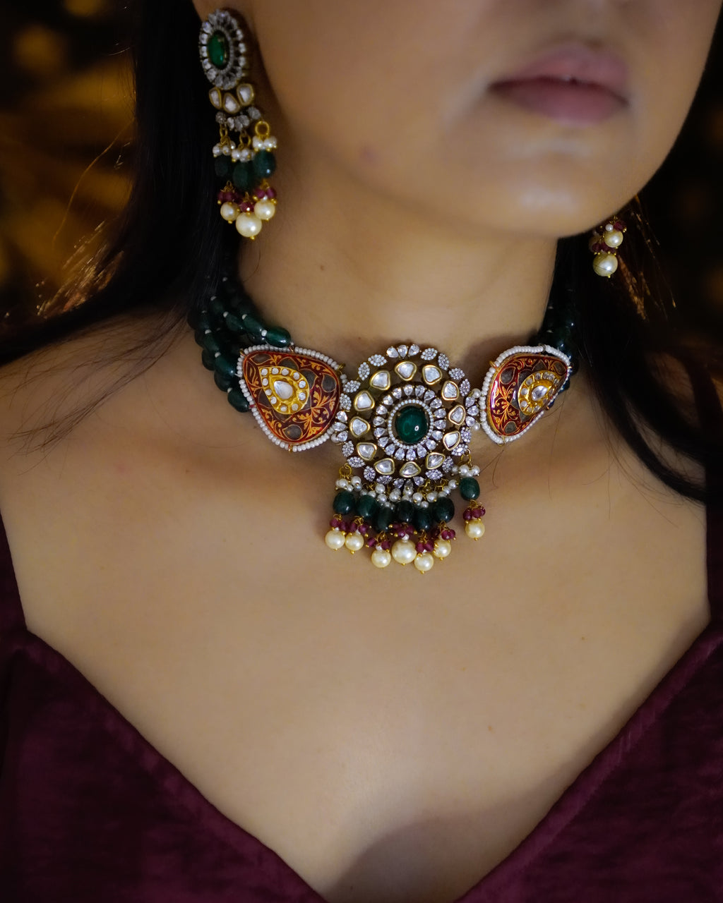 ZIKHIN- Radiant Elegance Kundan Choker Set with Stunning Red Quartz