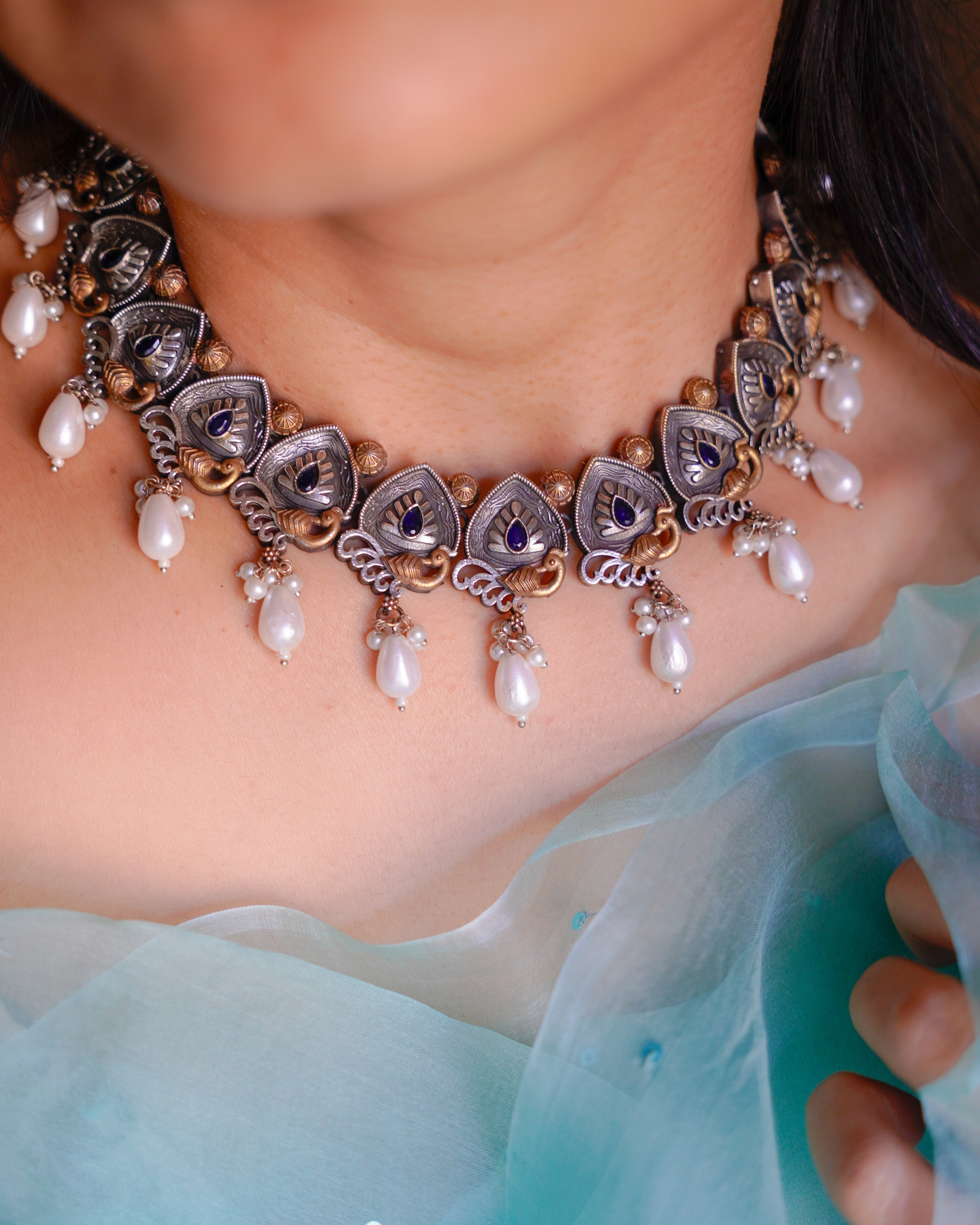 Anassa-Dual Tone Moti Floral Necklace Set