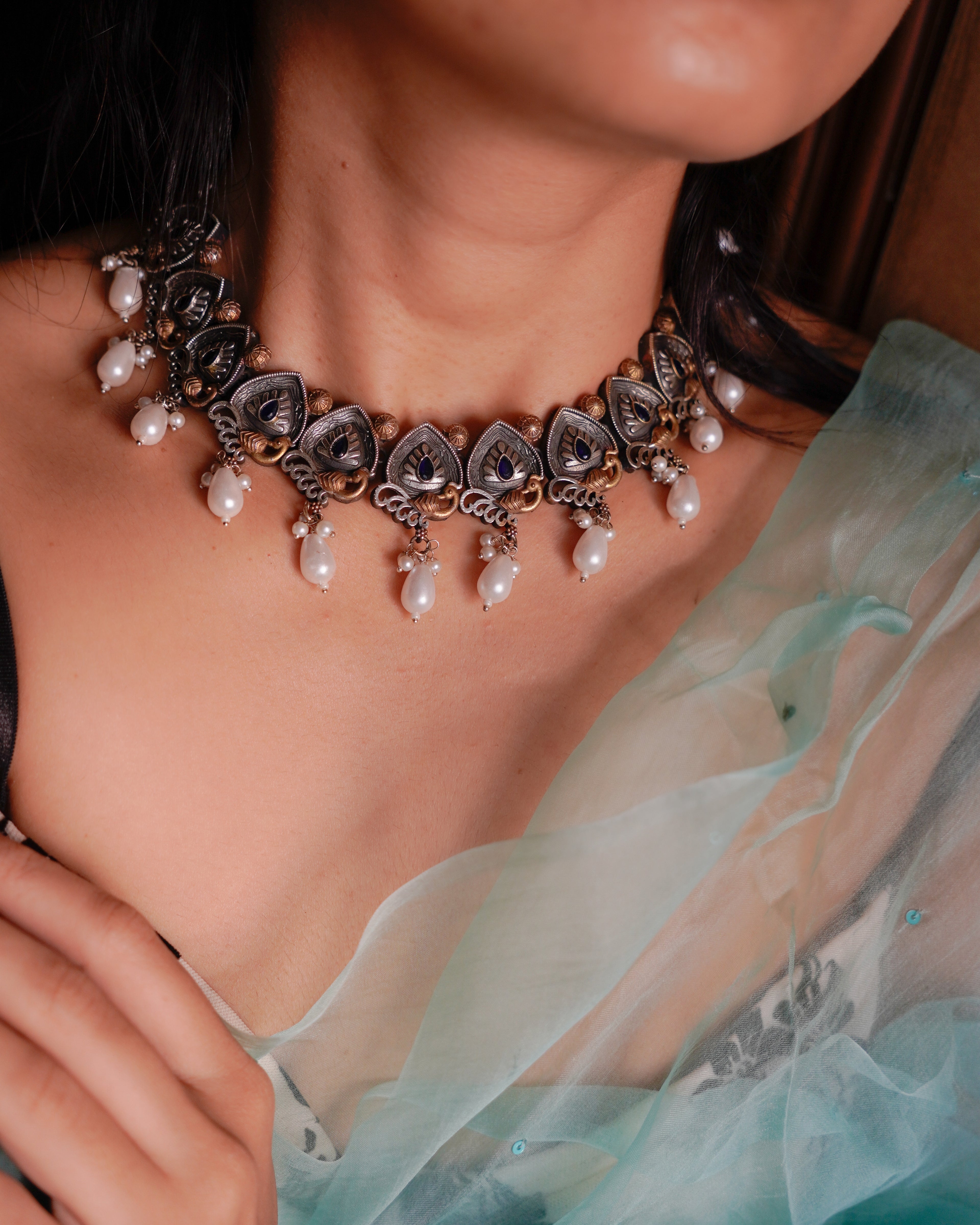 Anassa-Dual Tone Moti Floral Necklace Set