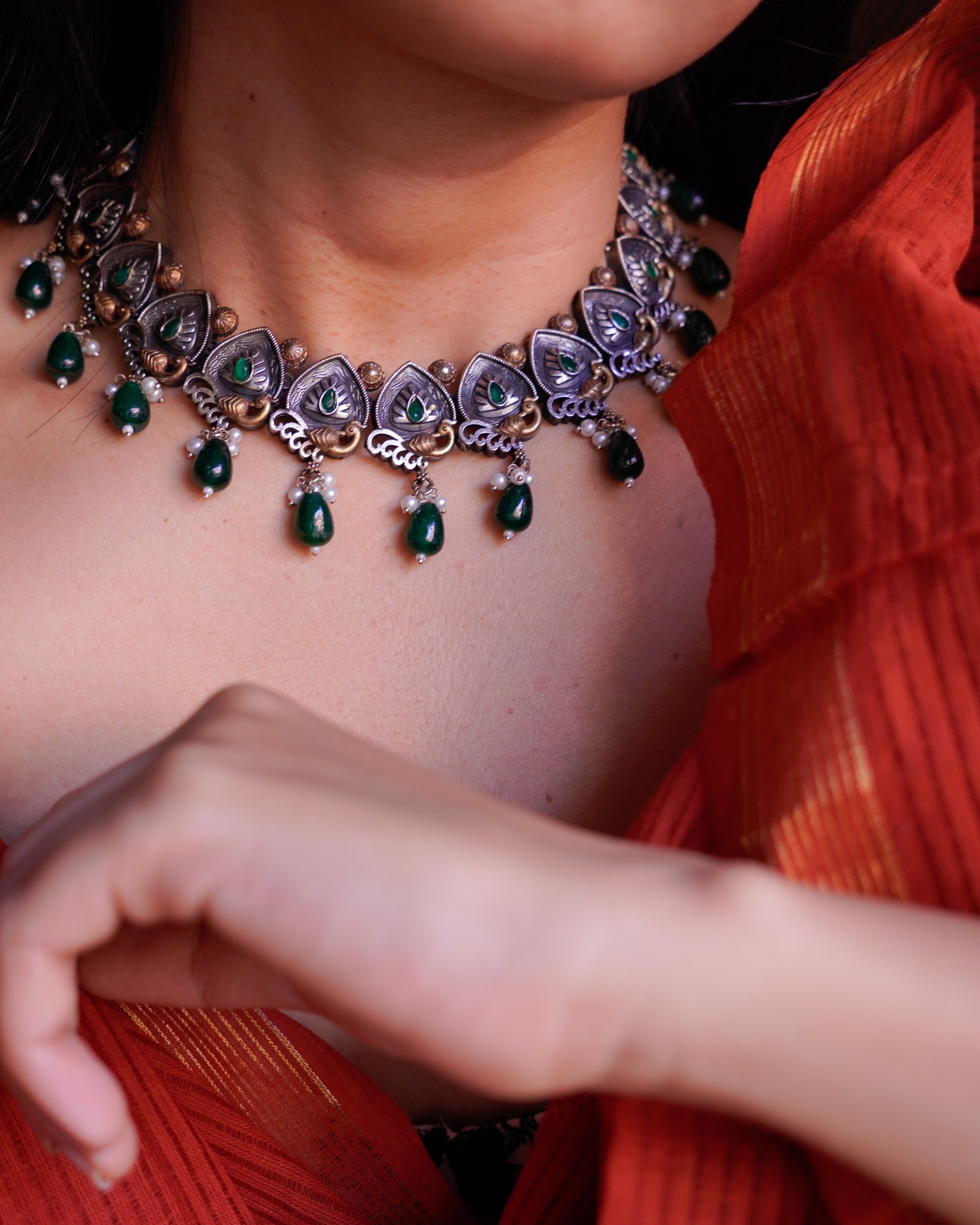 Anassa-Dual Tone Moti Floral Necklace Set