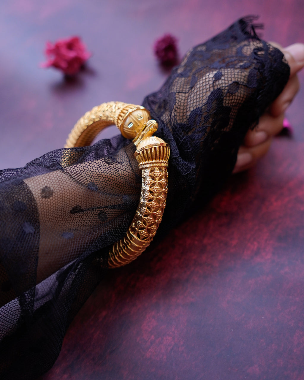 ORO-  Gold Brass Textured Designer Kada Bracelet