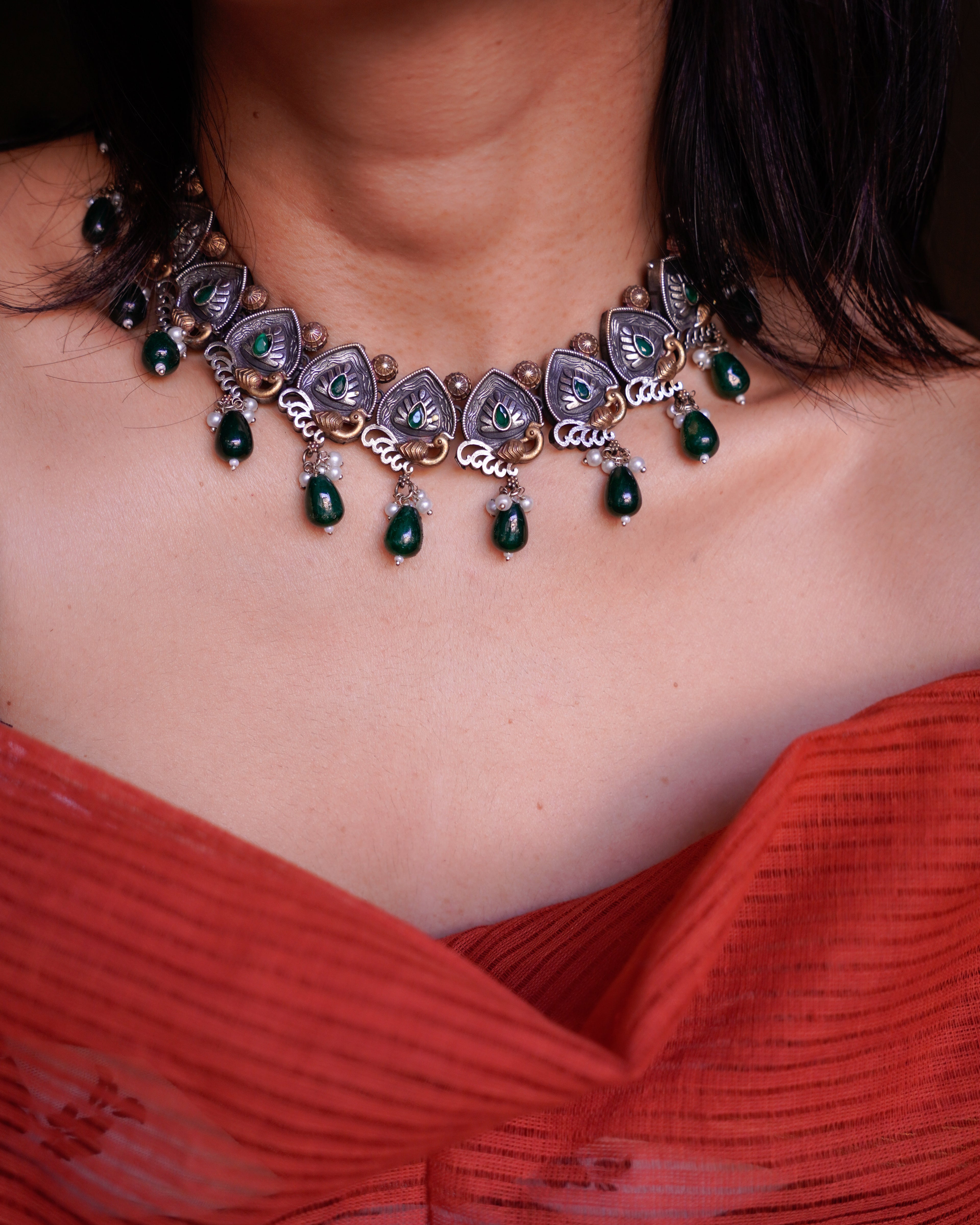 Anassa-Dual Tone Moti Floral Necklace Set