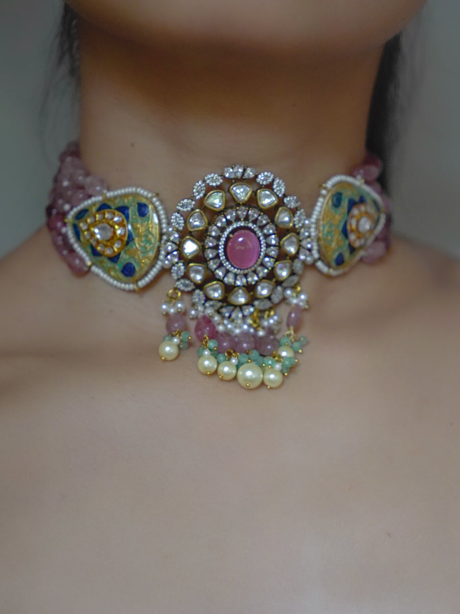 ZIKHIN - Regal Charm Kundan Choker Set with Enchanting Amethyst