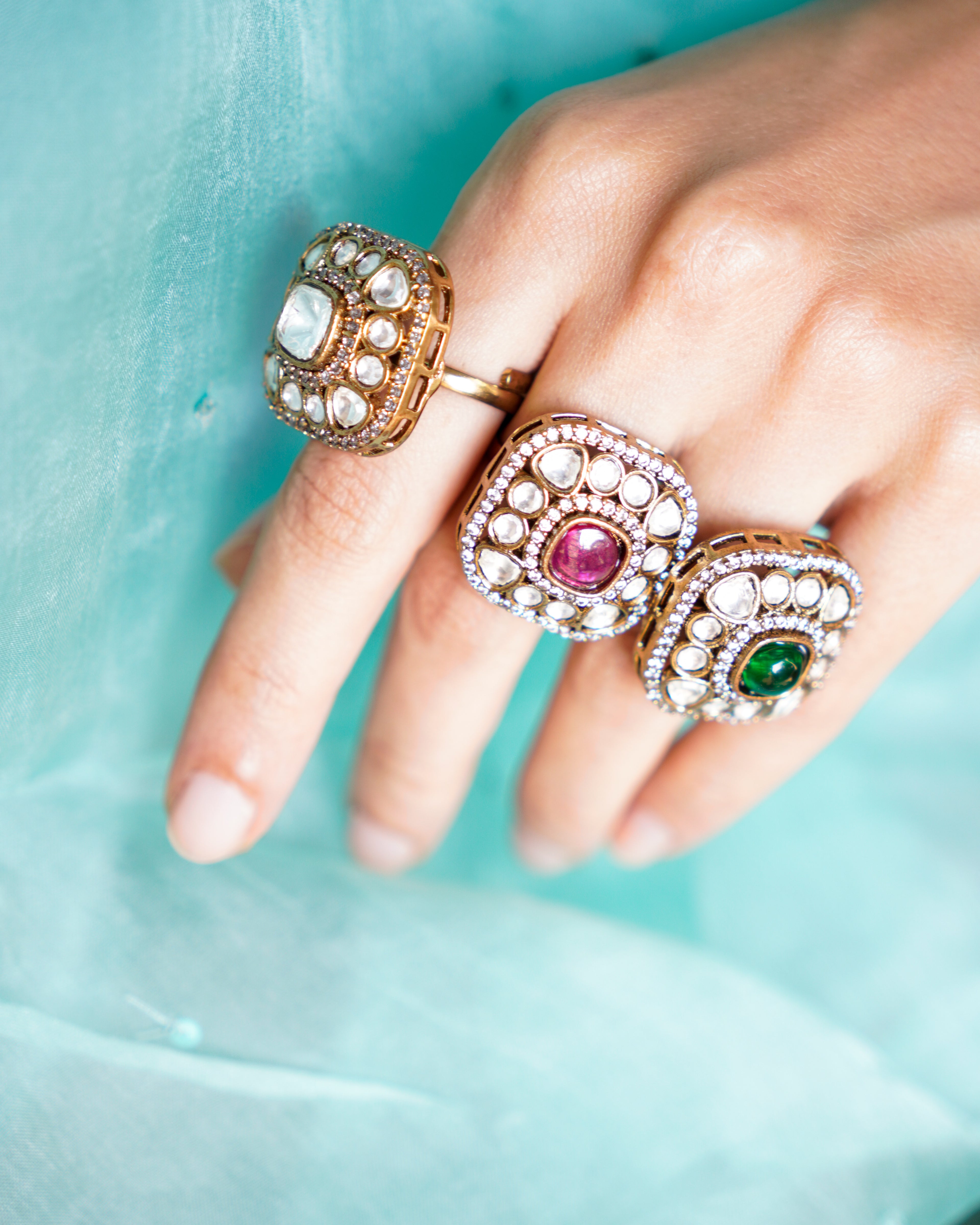 ZIKHIN-Luxury Square Kundan Rings