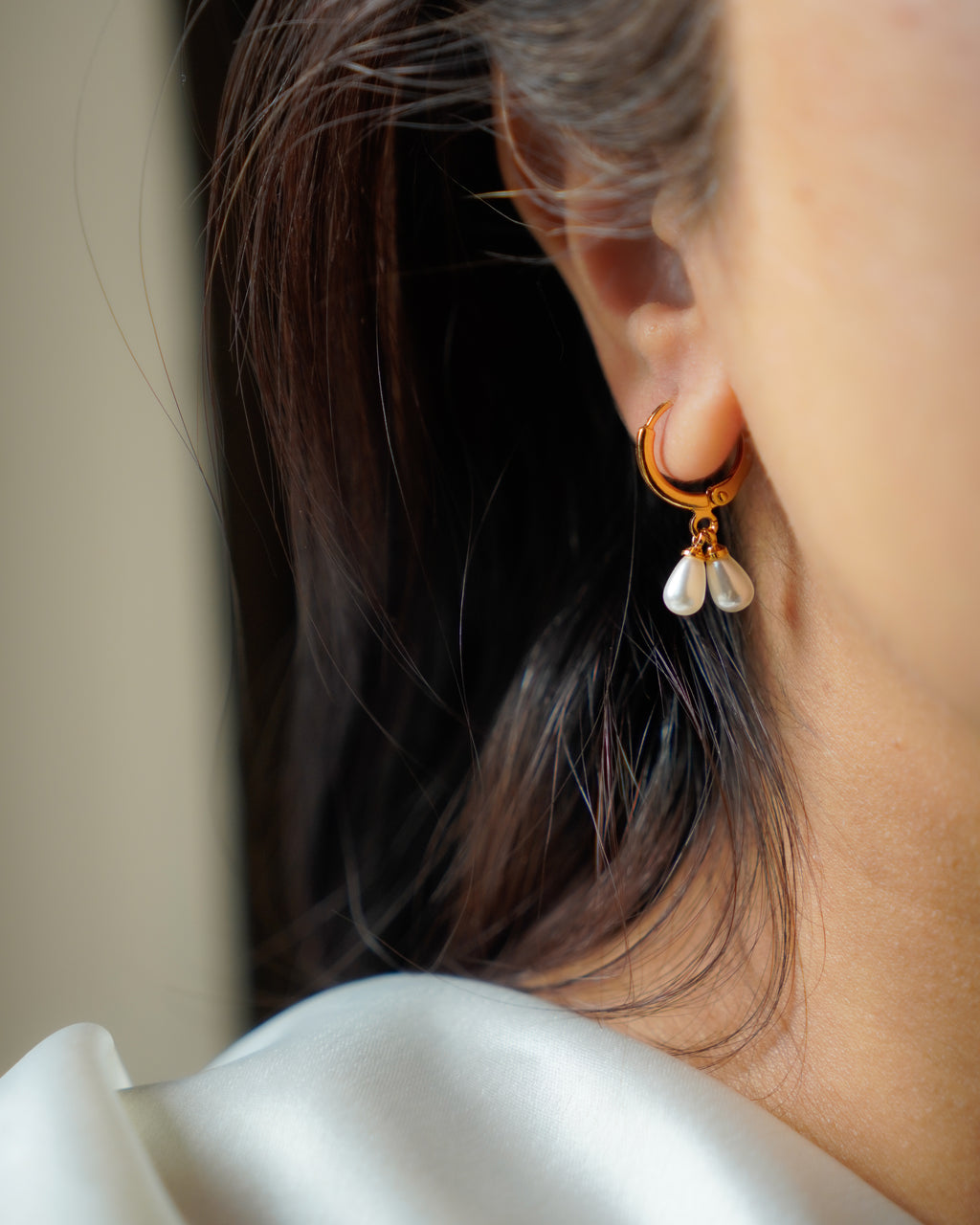 FLORA-Gold Double Pearl Drop Hoop Earrings for Women | Minimal Dangle Earrings
