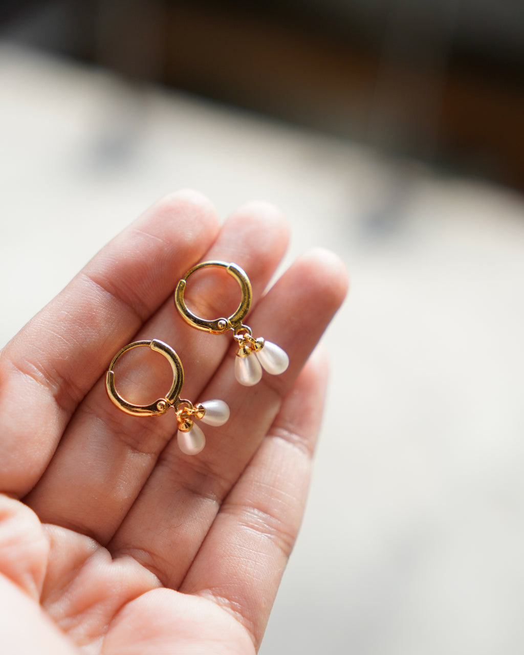 FLORA-Gold Double Pearl Drop Hoop Earrings for Women | Minimal Dangle Earrings
