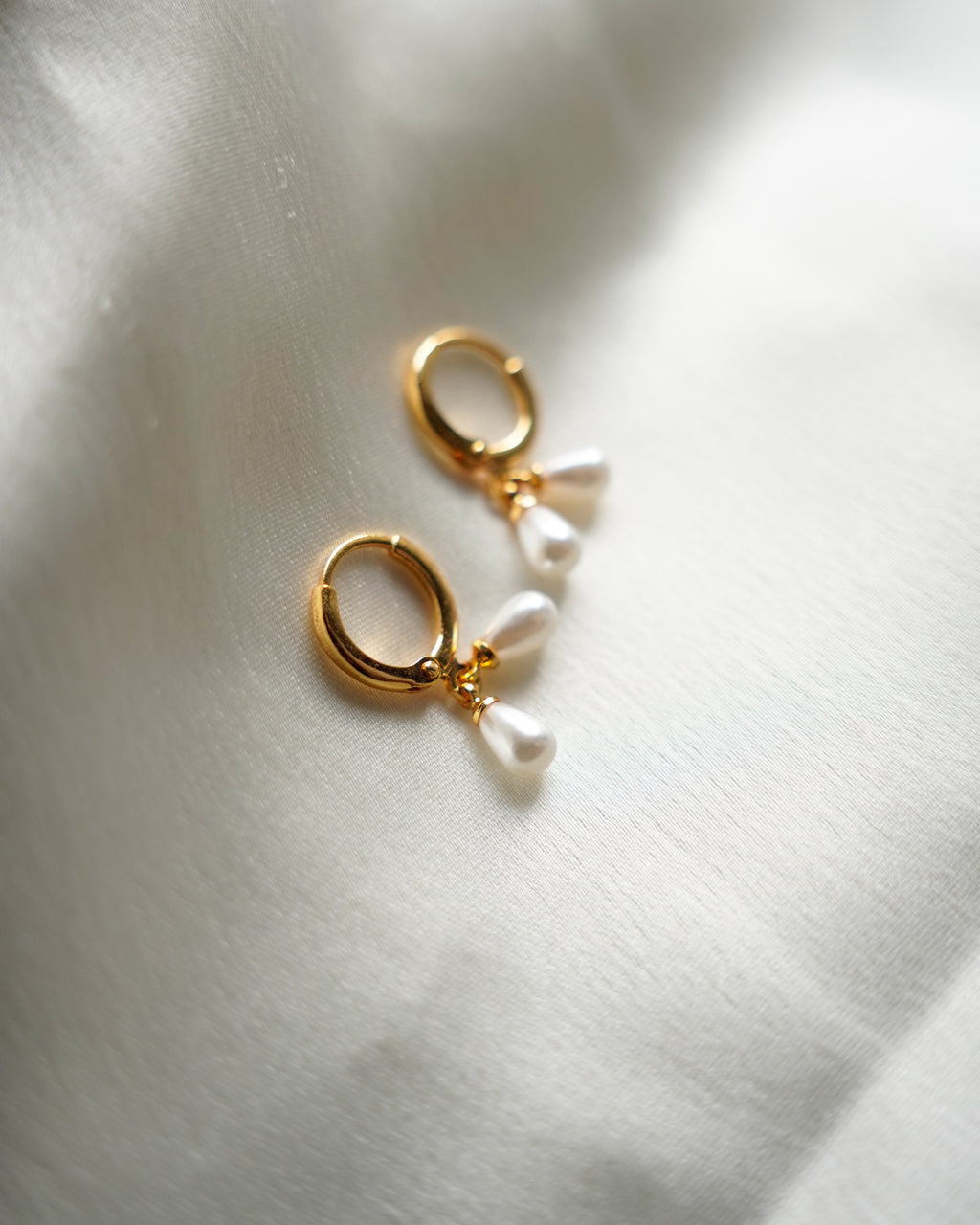 FLORA-Gold Double Pearl Drop Hoop Earrings for Women | Minimal Dangle Earrings